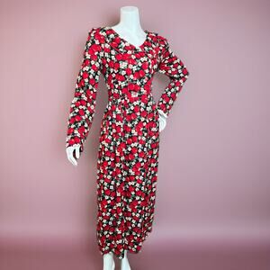VINTAGE 80s Leslie Lucks Maxi Dress Size 16 Floral Cottagecore Double Breasted